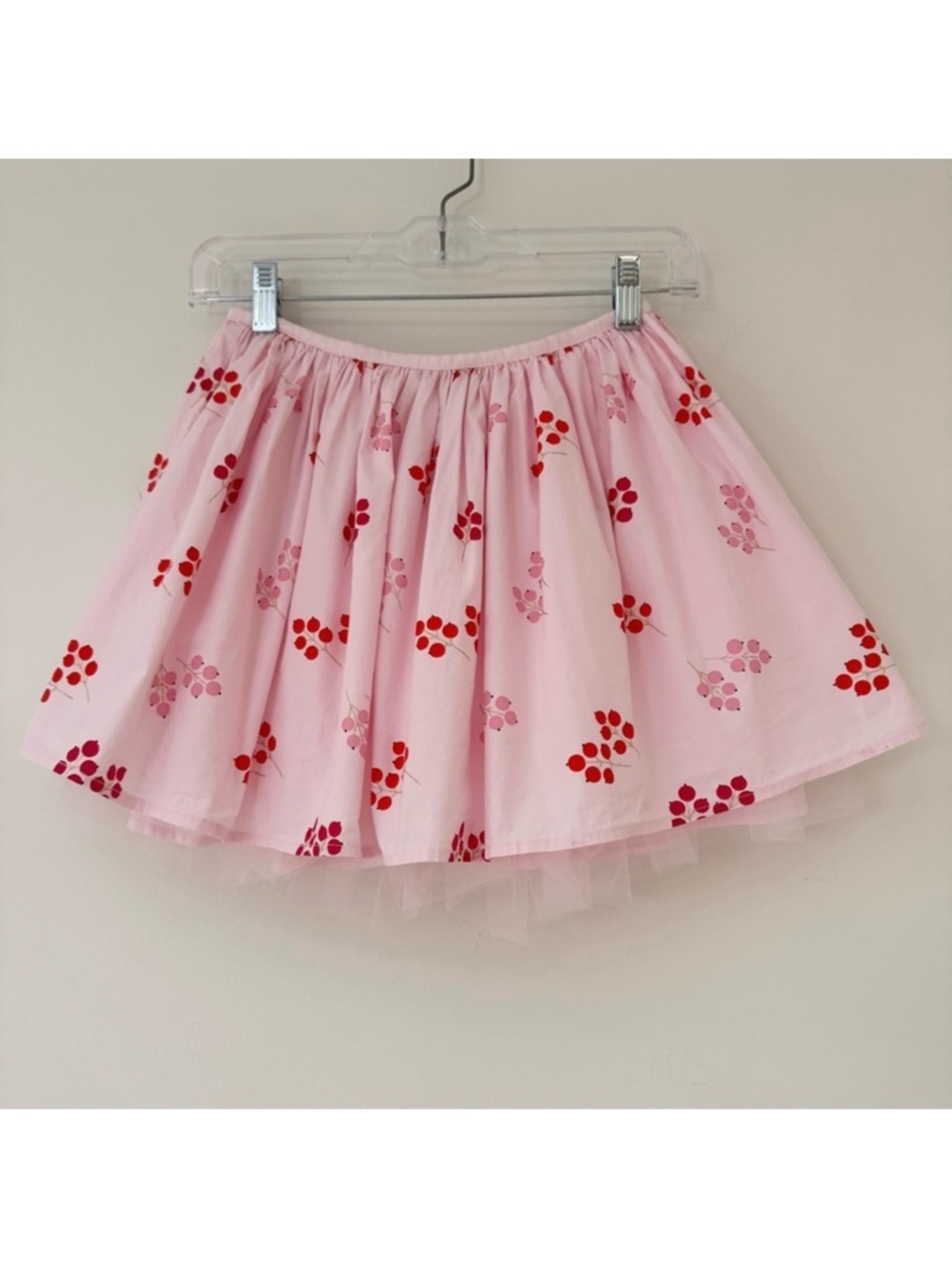 Jacadi Pink Skirt with Red, Pink & Gold Berry Pattern Tulle layer, Size 10, EUC
